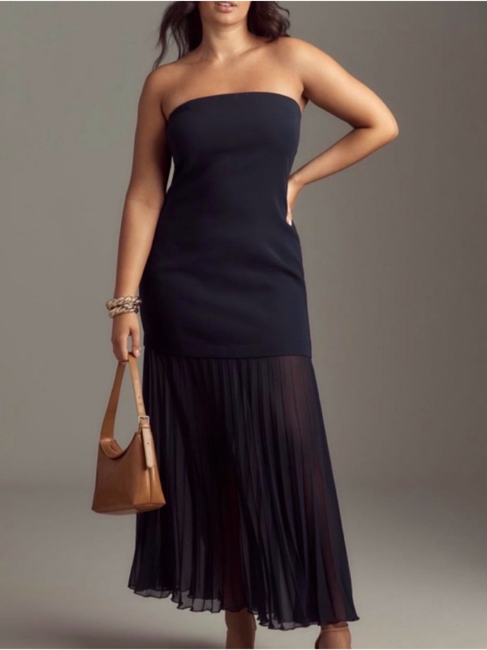 Anthropologie Navy Strapless Pleated-Hem Midi Dress